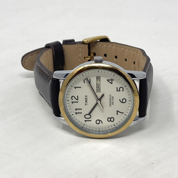 Timex Easy Reader Watch Men 35mm Gold Silver Tone Day Date Indiglo New Battery - Picture 11 of 16